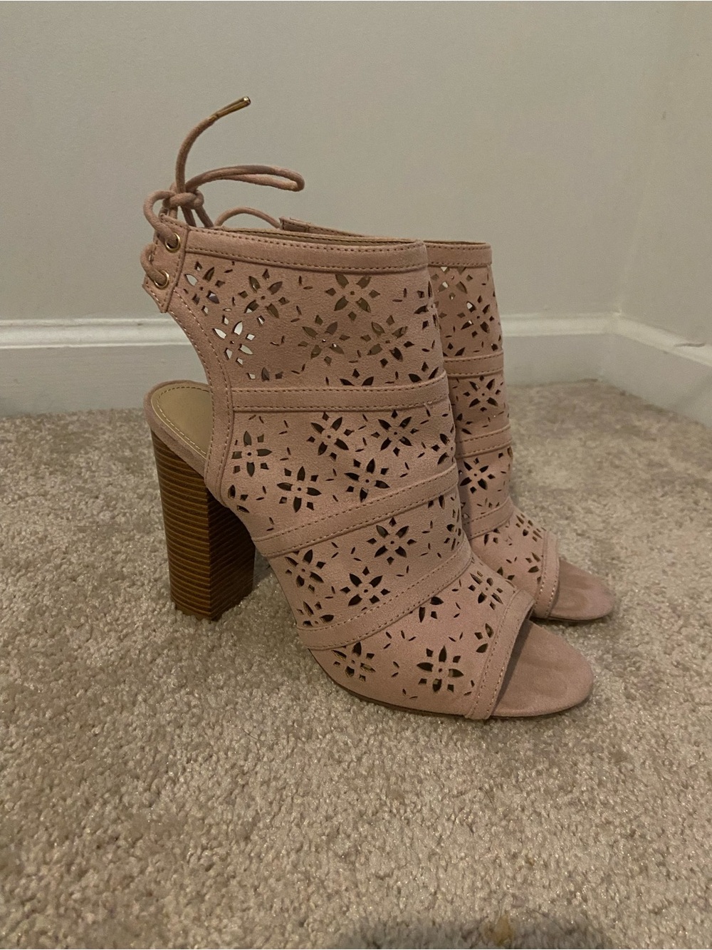 JustFab Laser-Cut Lace-Up Block Heel Sandals - Pink